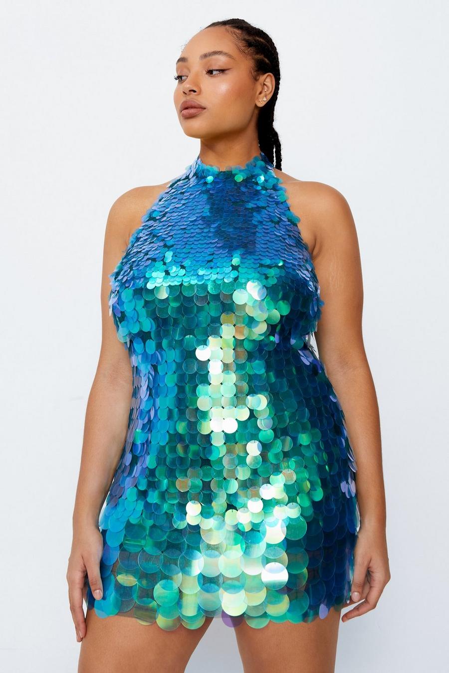 Plus Size Mermaid Sequin Halter Neck Mini Dress