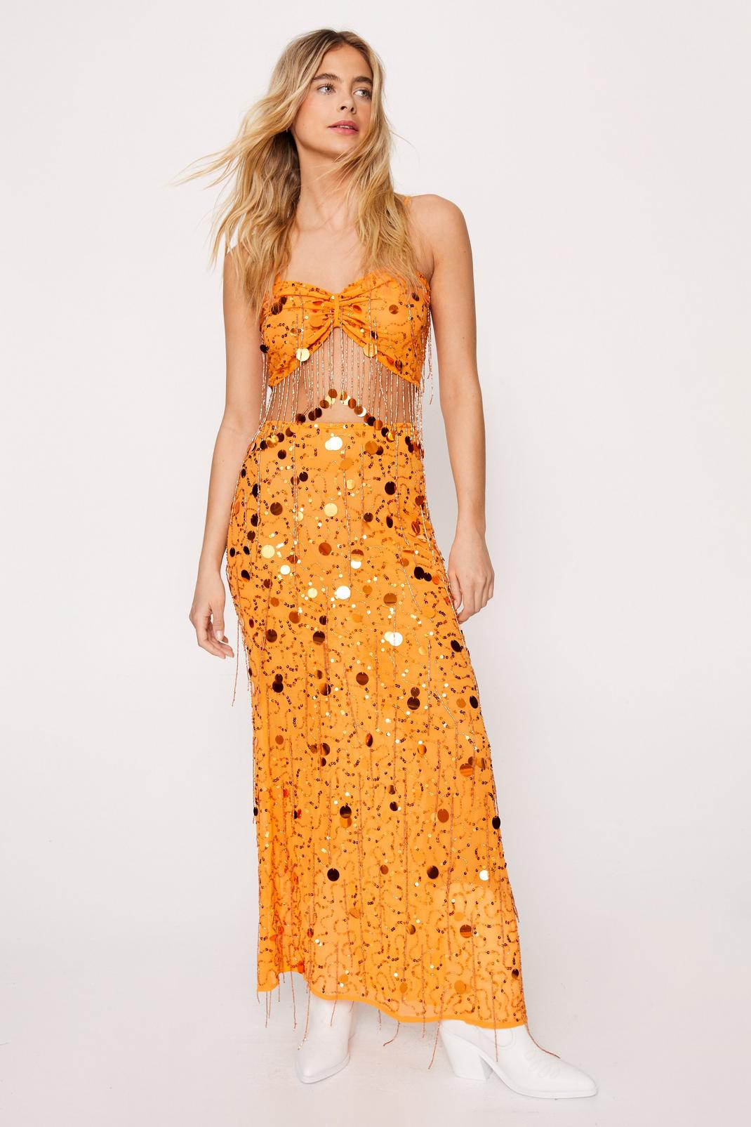 Orange Premium Hand Embellished Tassel Bralette and Skirt Two Piece Set image number 1