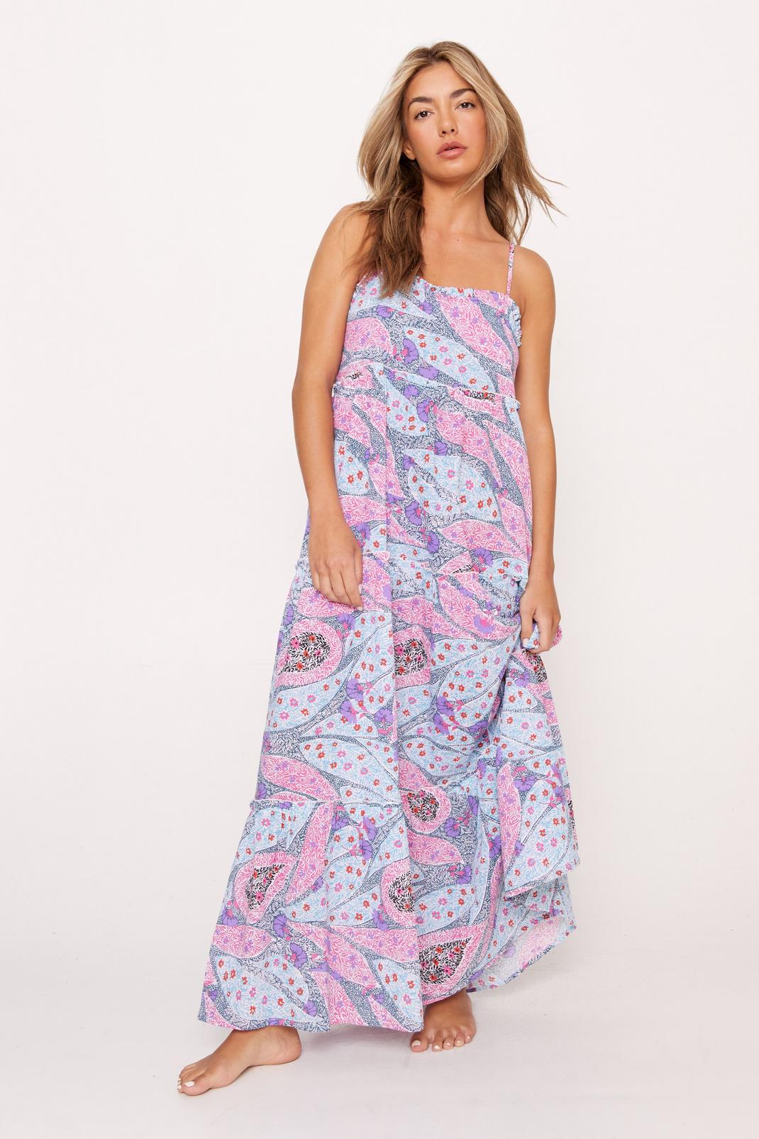 Blue Cotton Gauze Paisley Tiered Maxi Beach Dress image number 1
