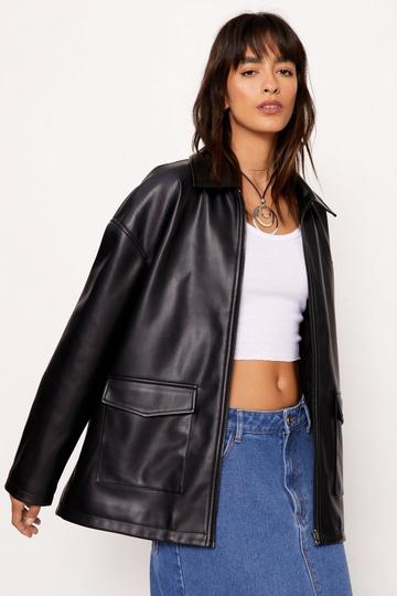 Black Pocket Detail Faux Leather Jacket