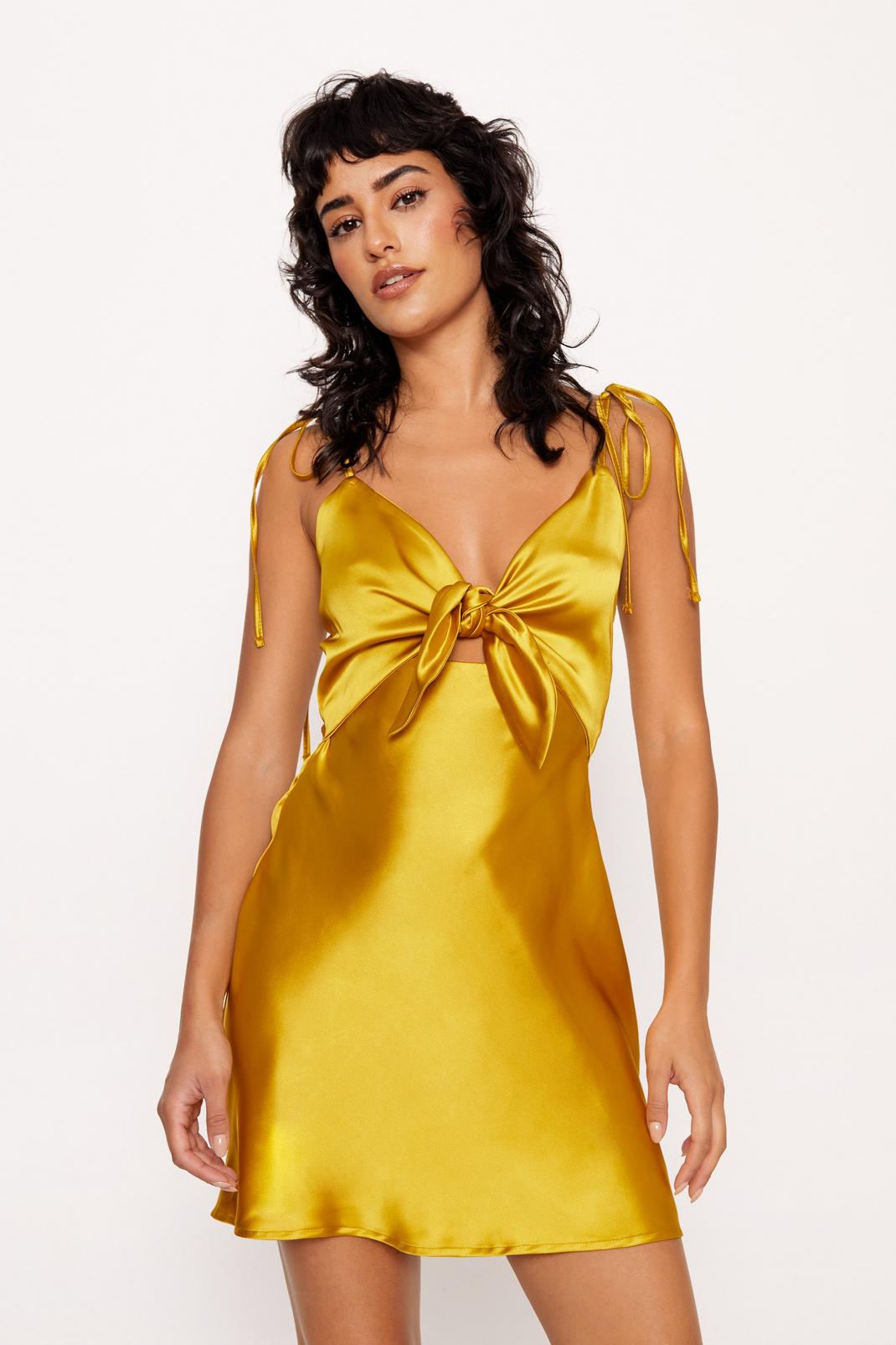 Chartreuse Satin Tie Front Mini Dress image number 1
