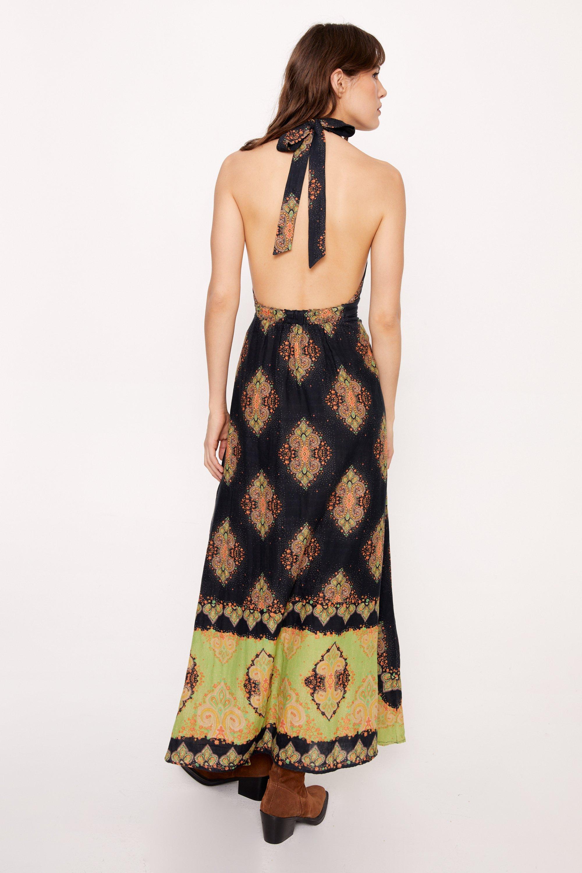 Cotton Paisley Border Print Halter Neck Maxi Dress