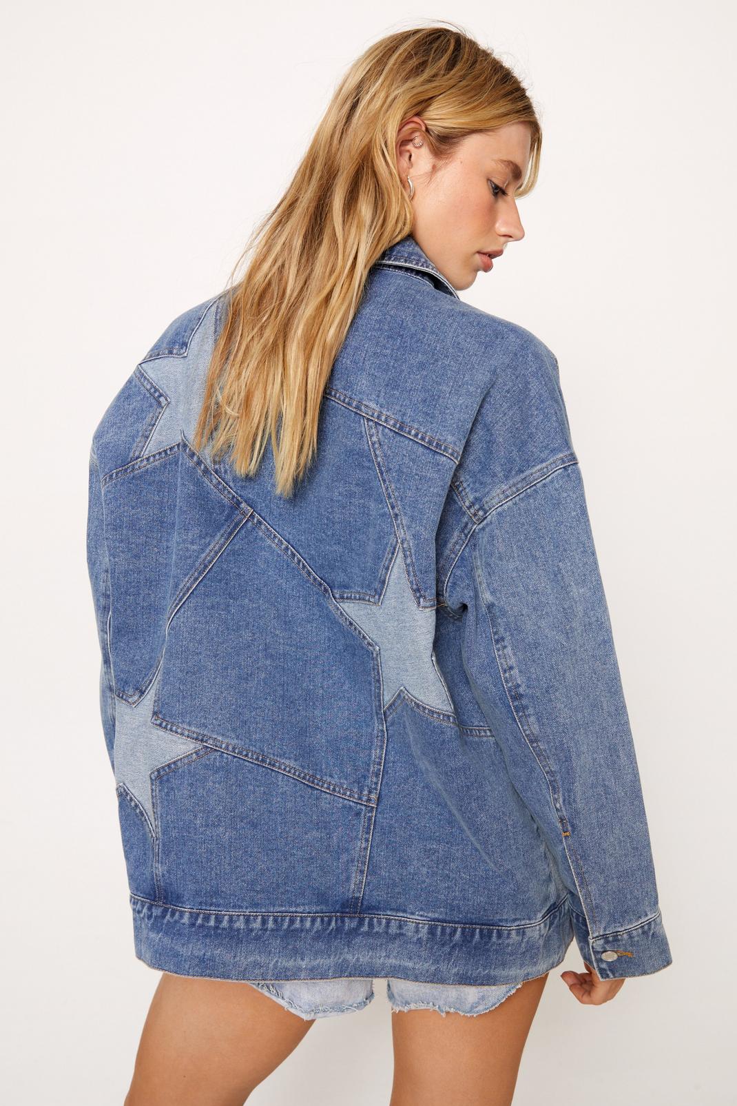 Authentic midwash Color Block Star Detail Oversized Denim Jacket image number 1