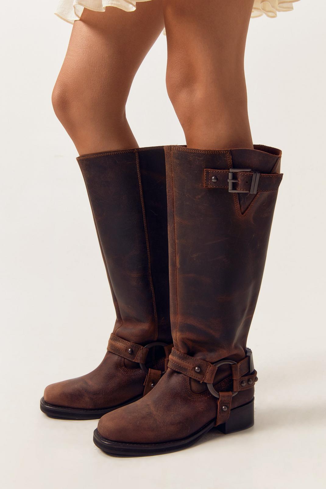 Tan Tarnished Leather Buckle Harness Knee High Boots image number 1