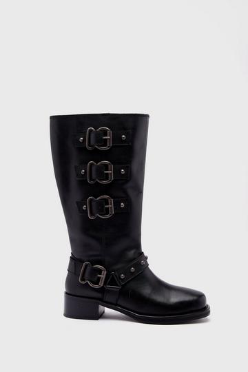 Black Tarnished Leather Multi Buckle Harness Knee High Boots