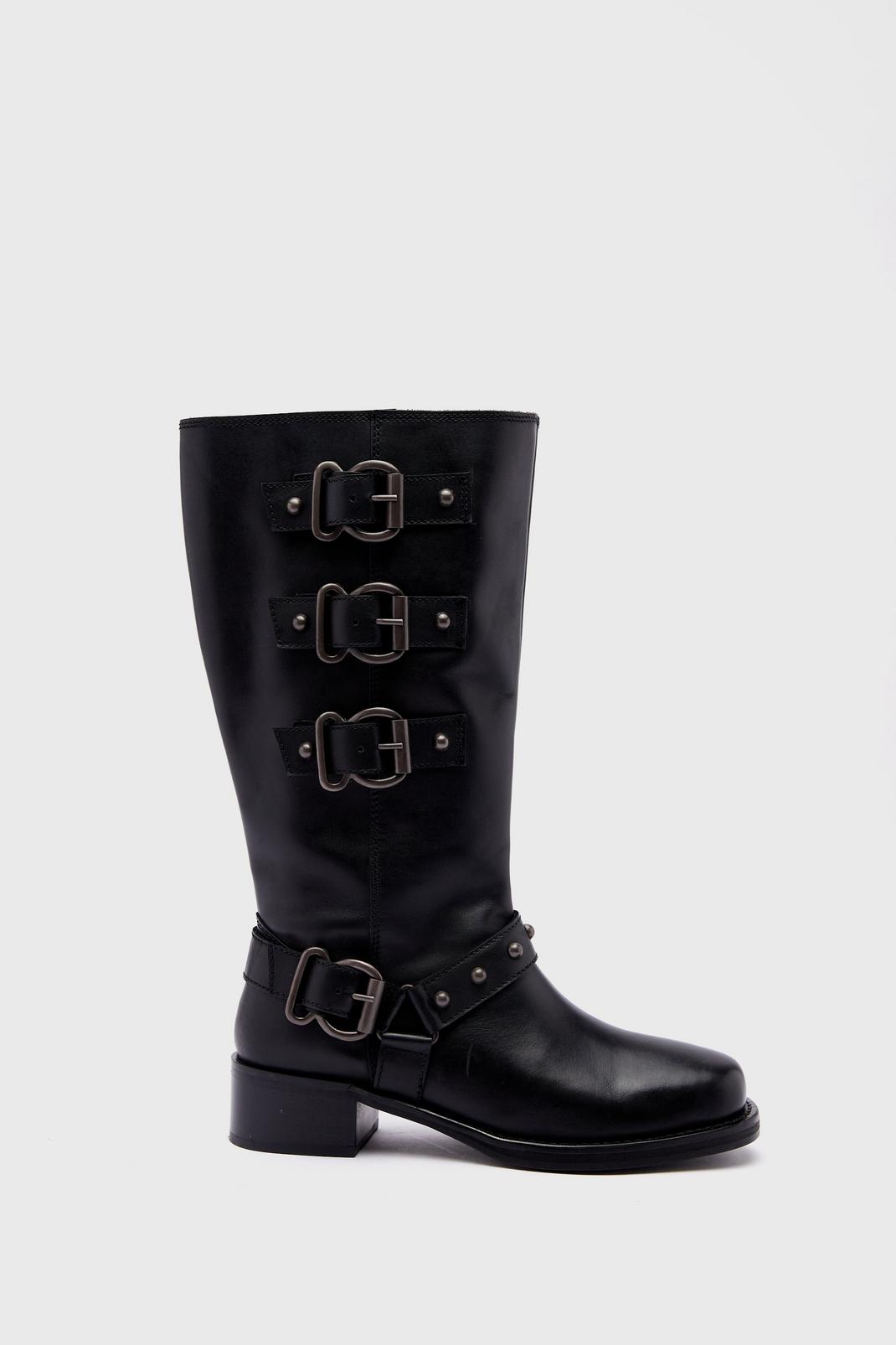 Black Tarnished Leather Multi Buckle Harness Knee High Boots image number 1