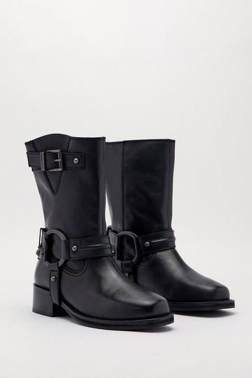 Black Tarnished Leather Buckle Harness Ankle Boots