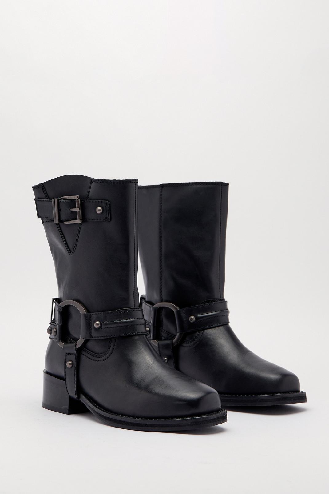 Black Tarnished Leather Buckle Harness Ankle Boots image number 1
