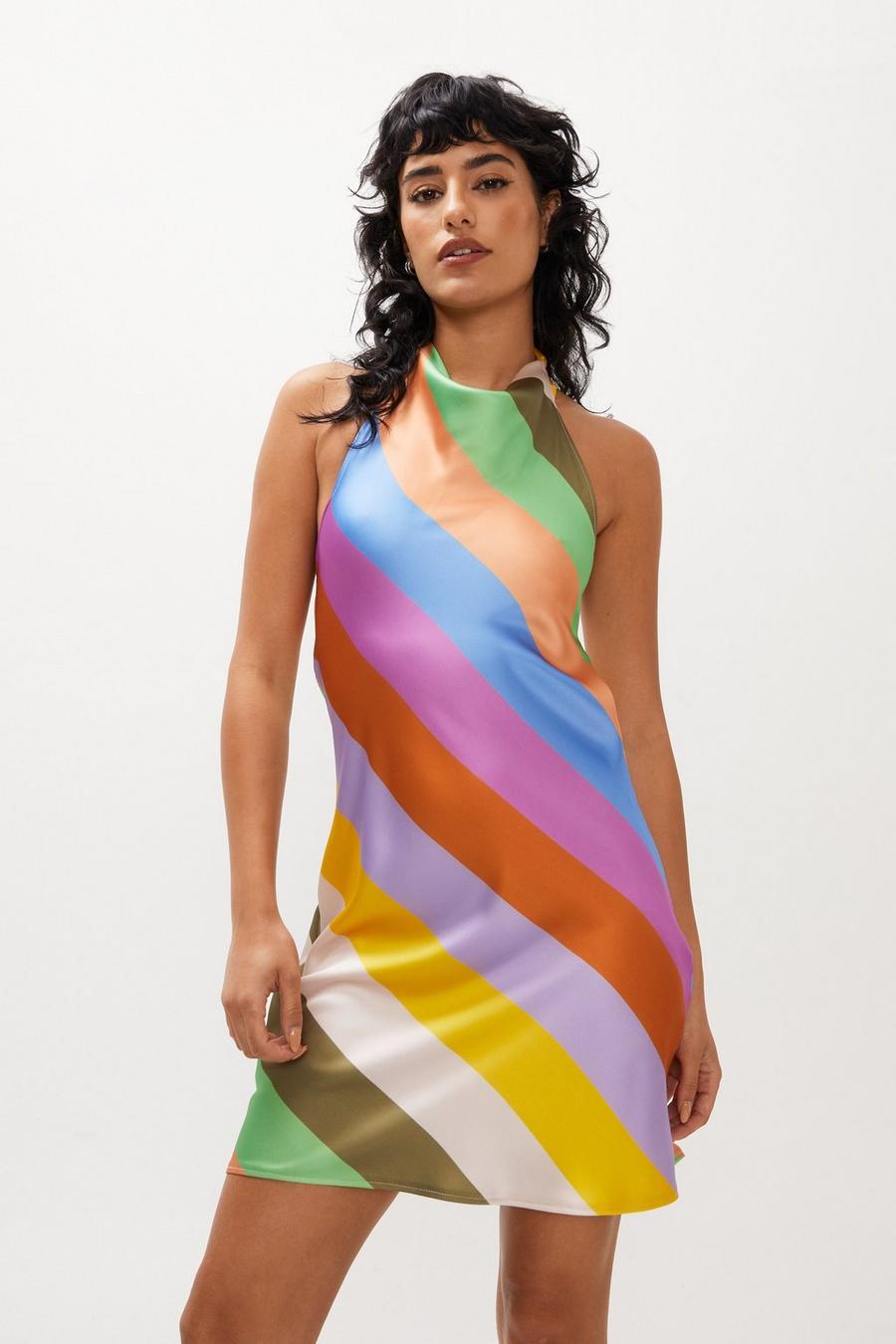 Stripe Satin Halterneck Mini Dress