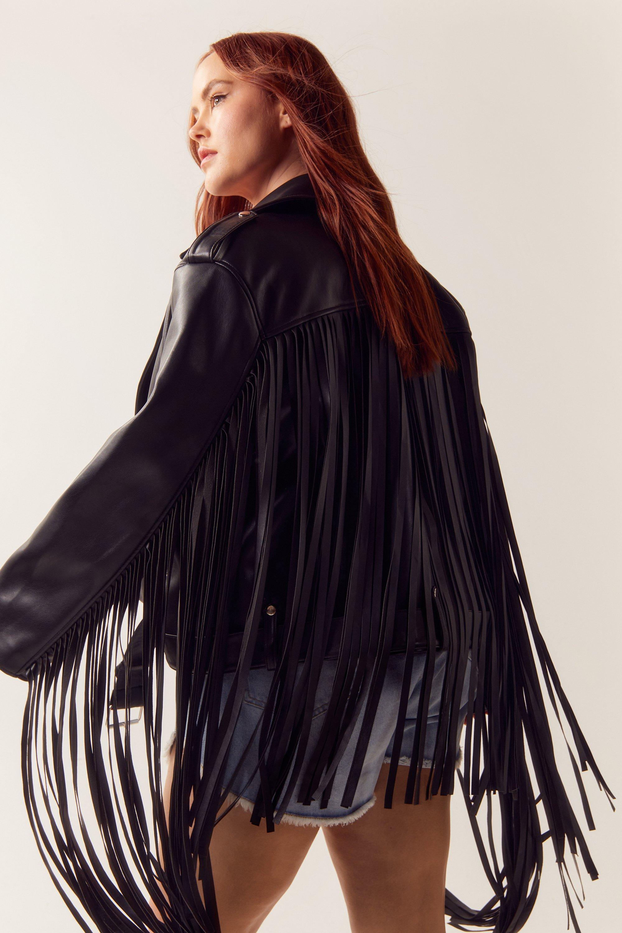 Plus size leather jacket with sale fringe