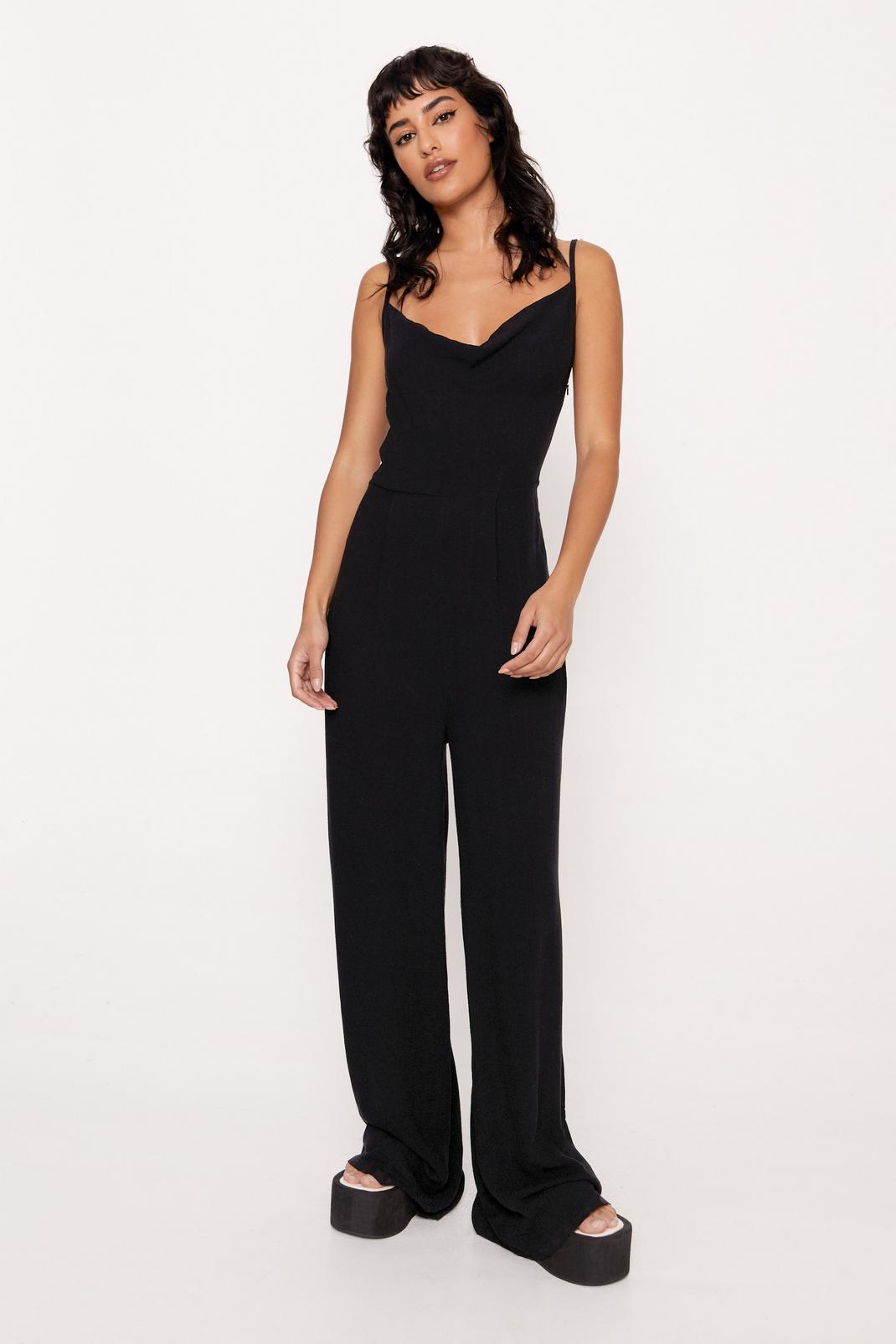 Black Linen Look Cowl Neck Relaxed Jumpsuit image number 1