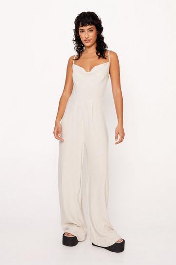 Linen Look Cowl Neck Relaxed Jumpsuit stone