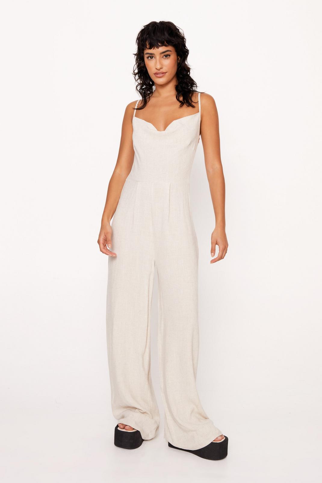 Stone Linen Look Cowl Neck Relaxed Jumpsuit image number 1