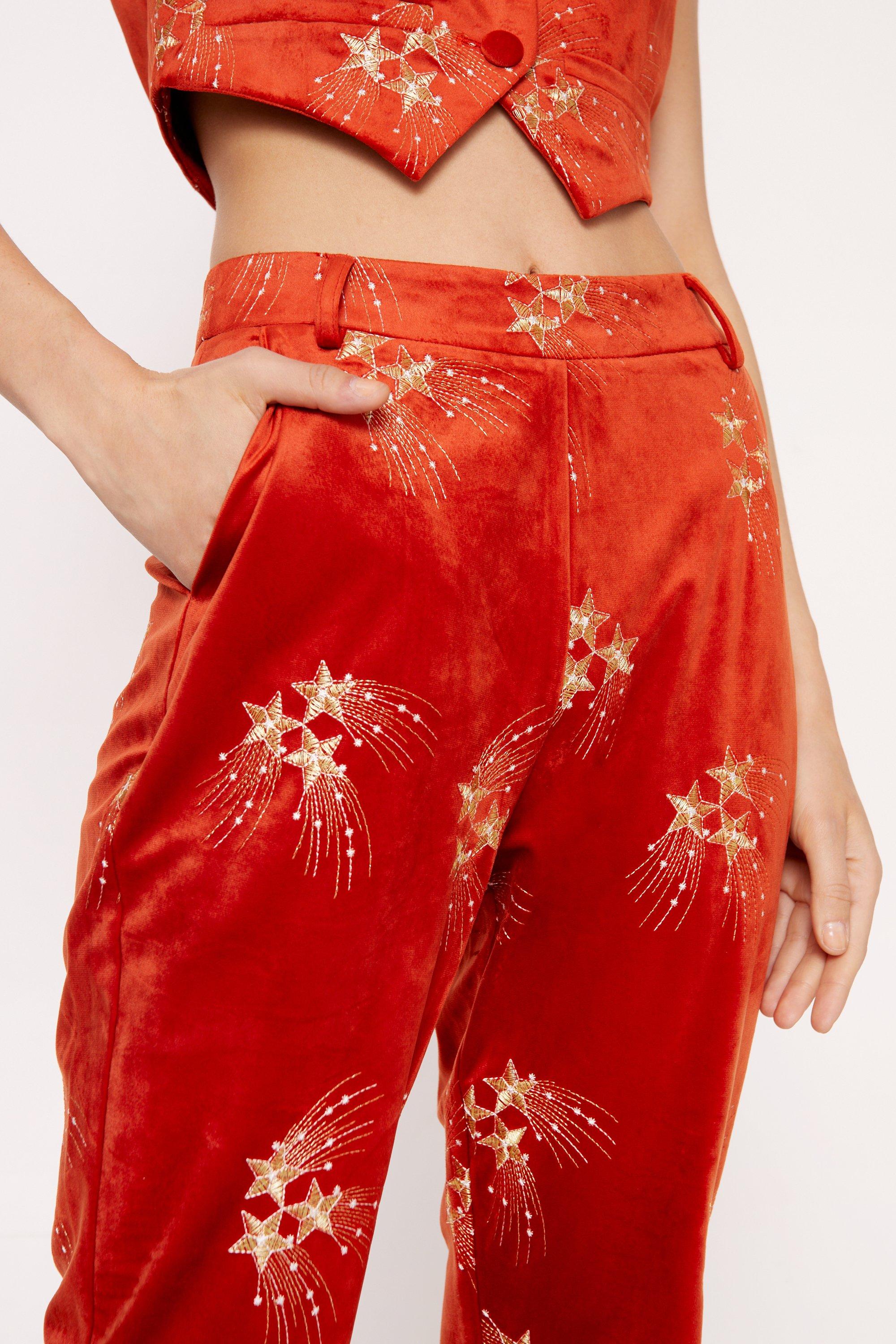 Red Striped Flare Velvet Pants  Velvet flare pants, Velvet pants, Red flare