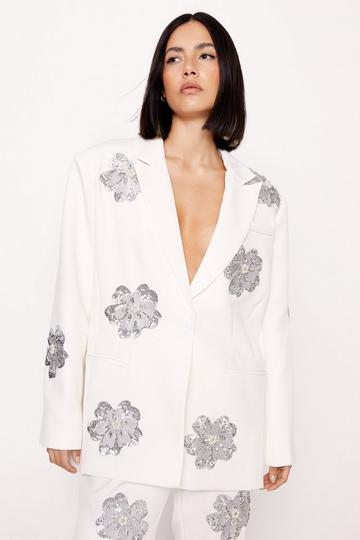 White Premium Floral Sequin Embellished Blazer