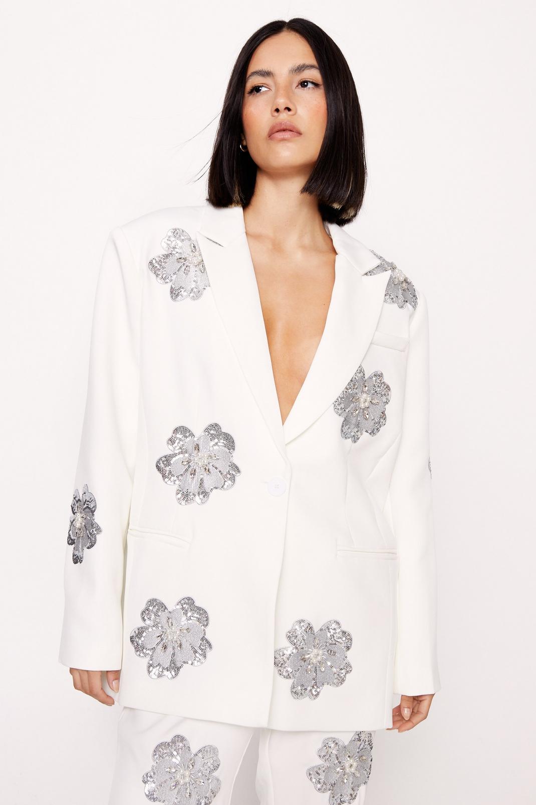 White Premium Floral Sequin Embellished Blazer image number 1
