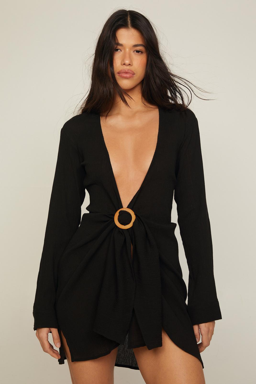 Black Cheesecloth Ring Belted Beach Dress image number 1