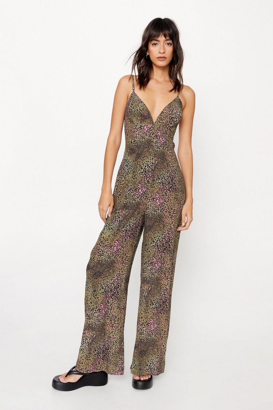 Animal Printed Strappy Back Detail Wide Leg Jumpsuit