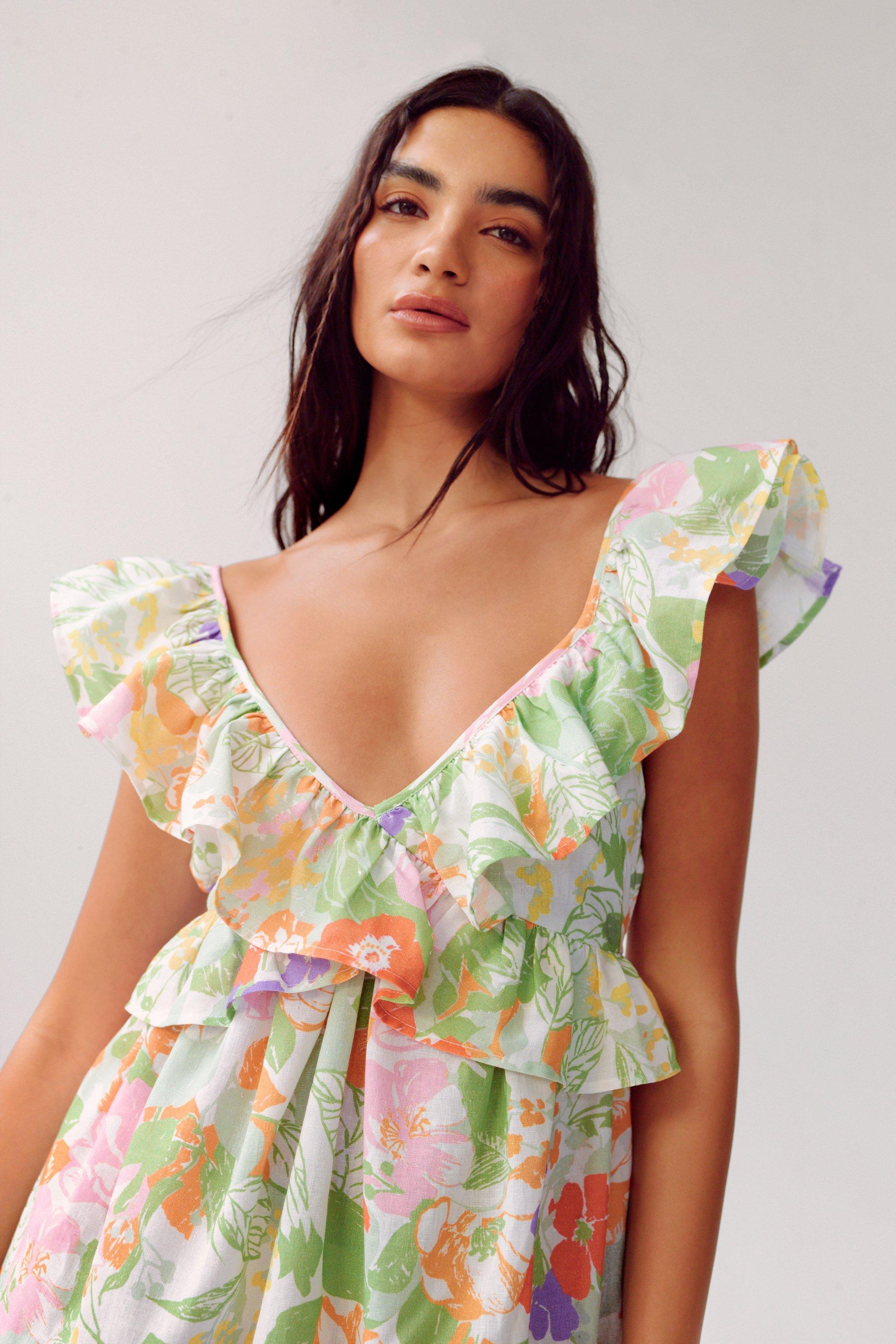 Ruffle Floral Plunge Tie Back Mini Dress