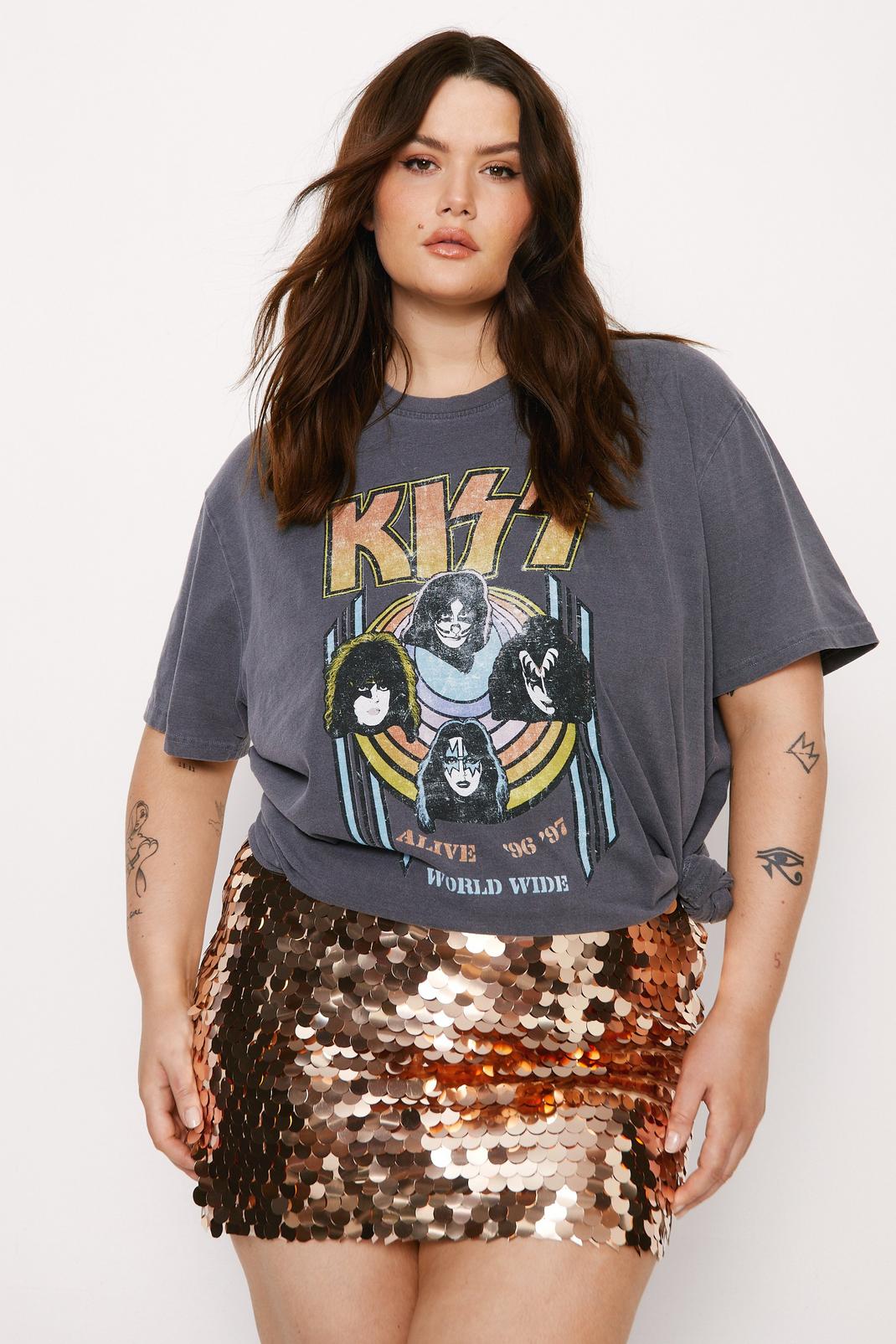 Charcoal Plus Size Kiss Overdyed Graphic T-shirt image number 1