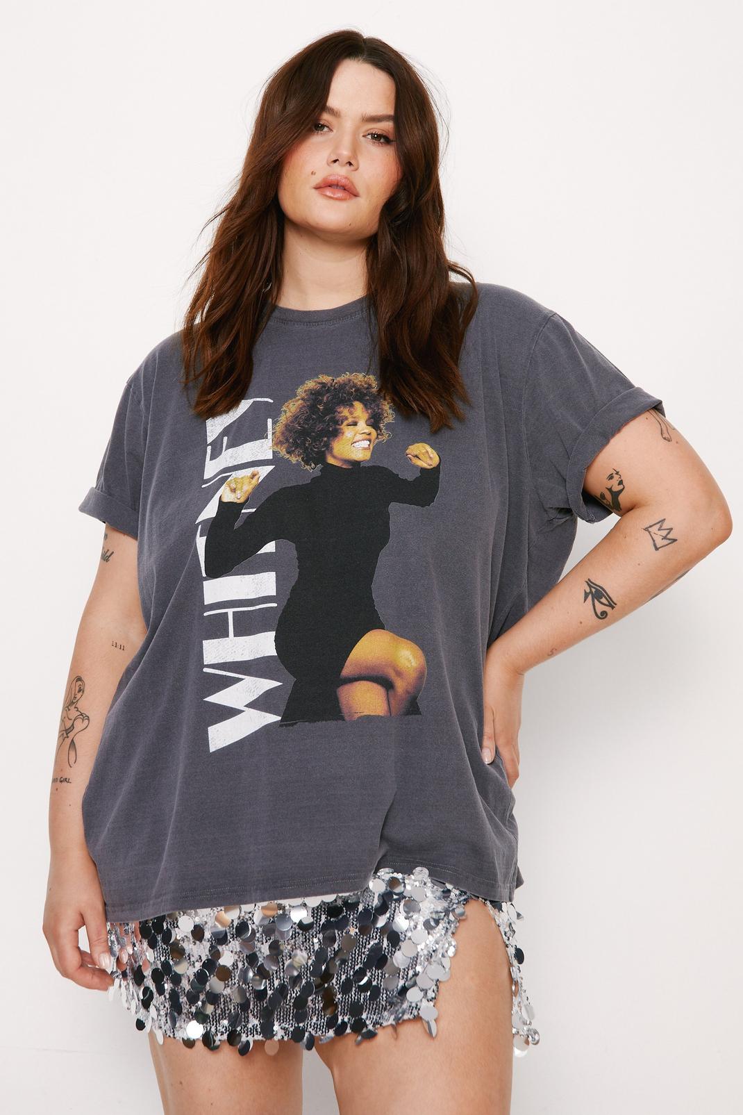 Charcoal Plus Size Whitney Houston Graphic Overdyed Oversized T-shirt image number 1