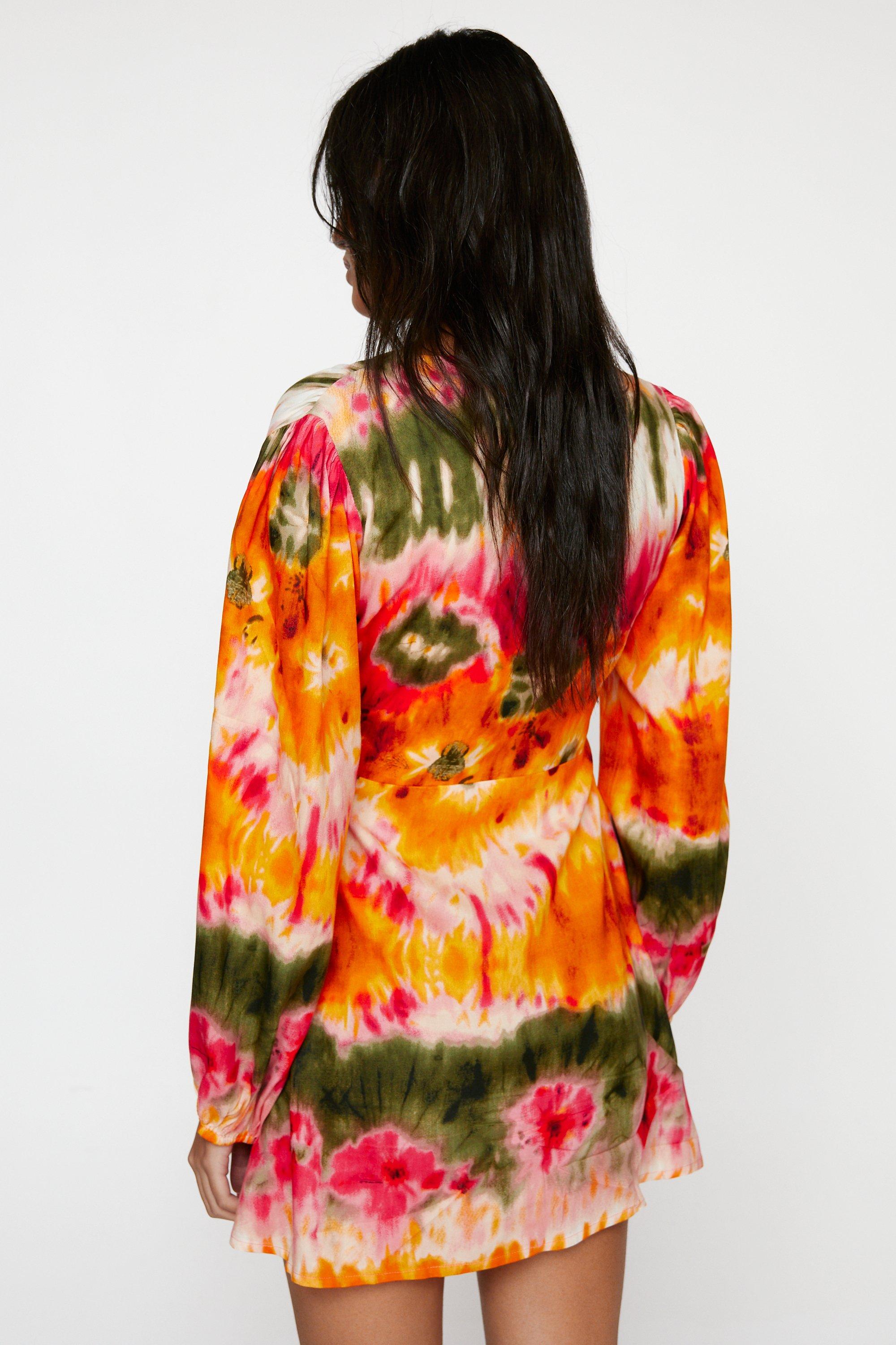 Tie Dye Print V Neck Mini Dress | Nasty Gal