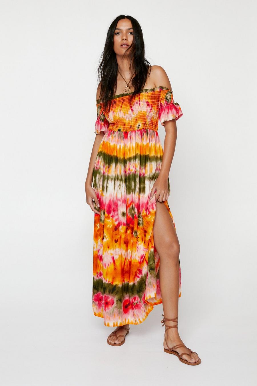 Tie Dye Printed Off The Shoulder Casual Maxi Dress