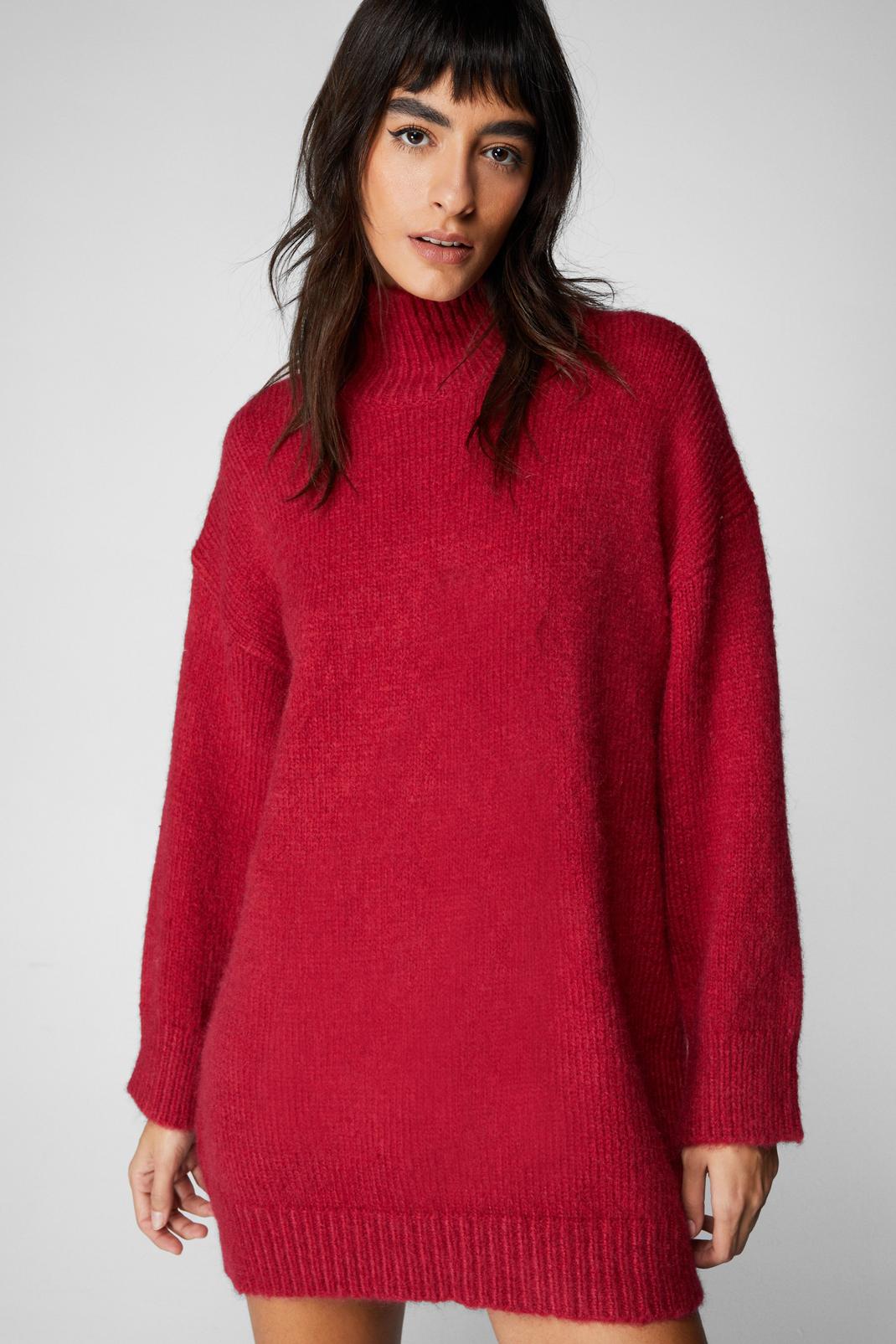 Red Brushed Knit Oversized Turtleneck Jumper Dress image number 1