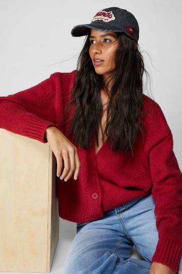Red Oversized Brushed Knit Cropped Cardigan