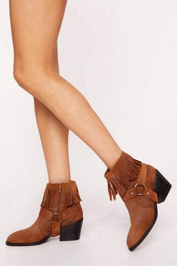 Tan Brown Tarnished Suede Fringe Harness Ankle Cowboy Boots