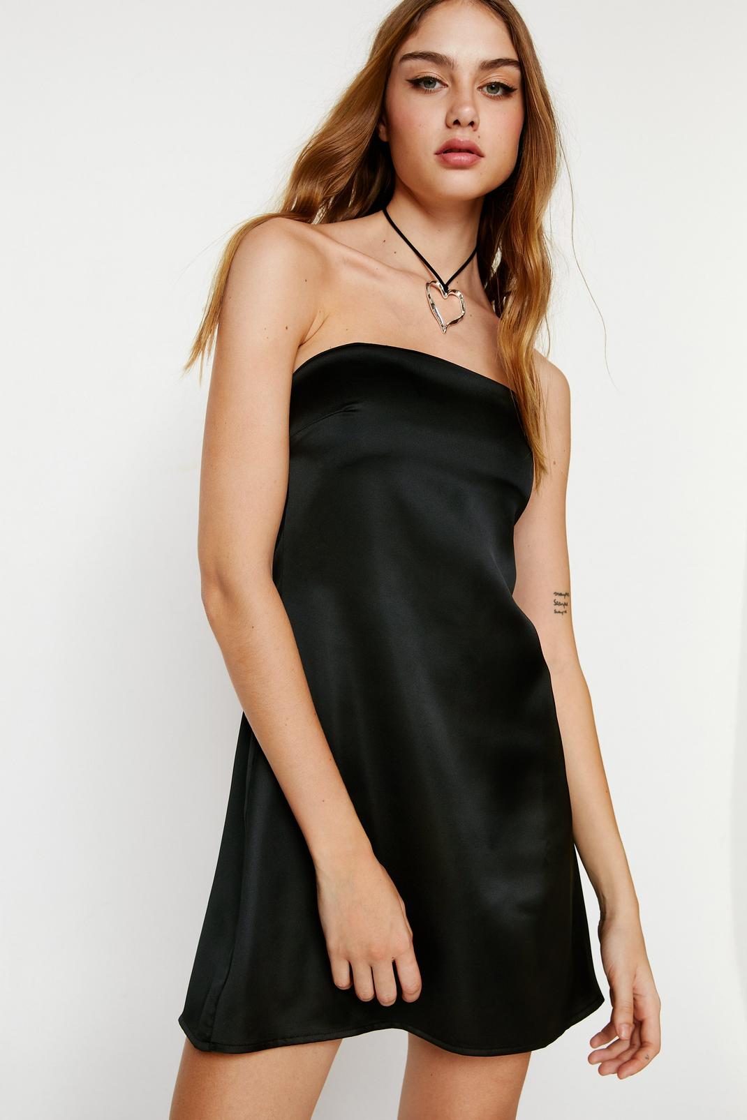 Black Strapless Bodycon Dress - Mini Satin Dress - Satin Bodycon