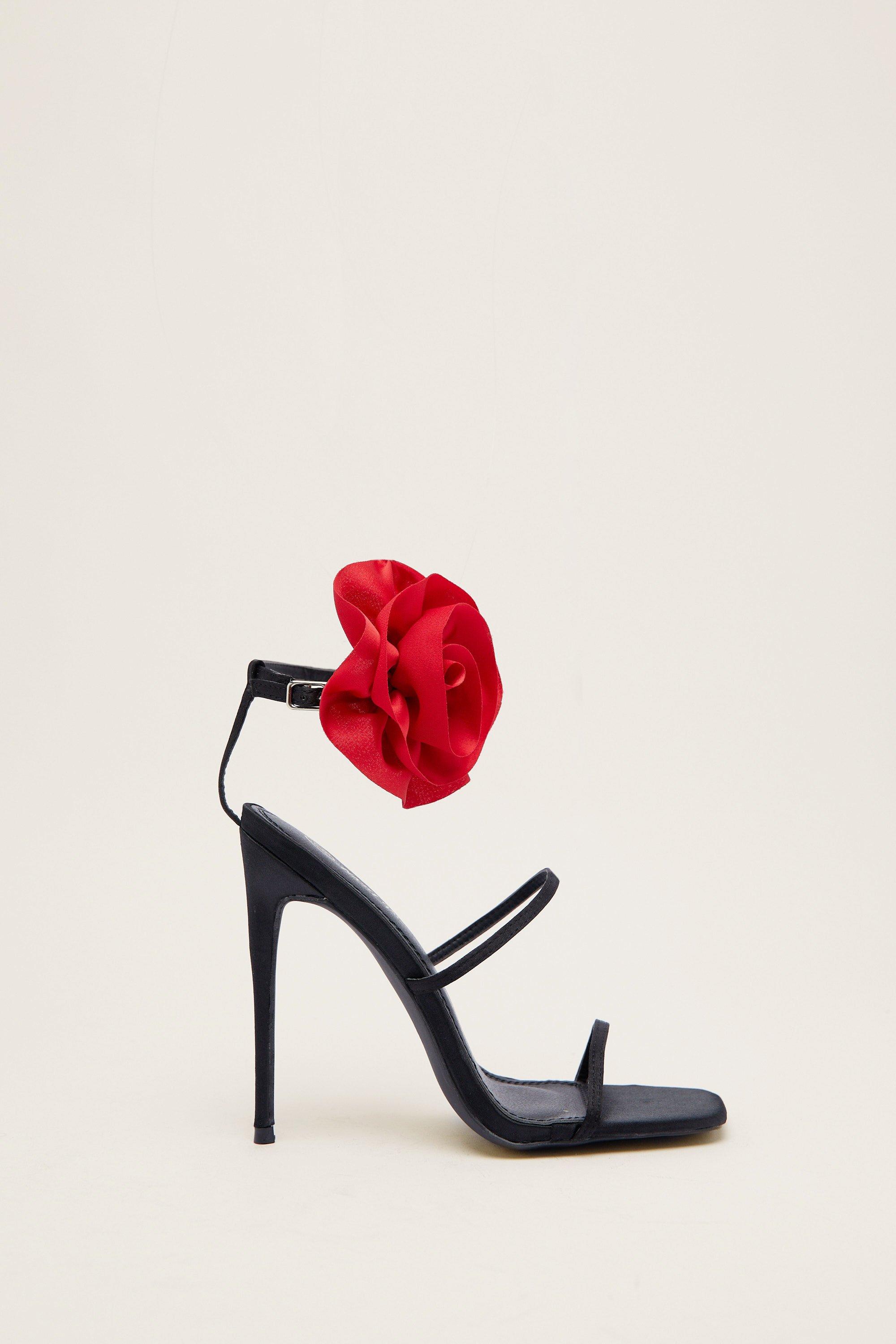 Double red flower heel sandals in black satin