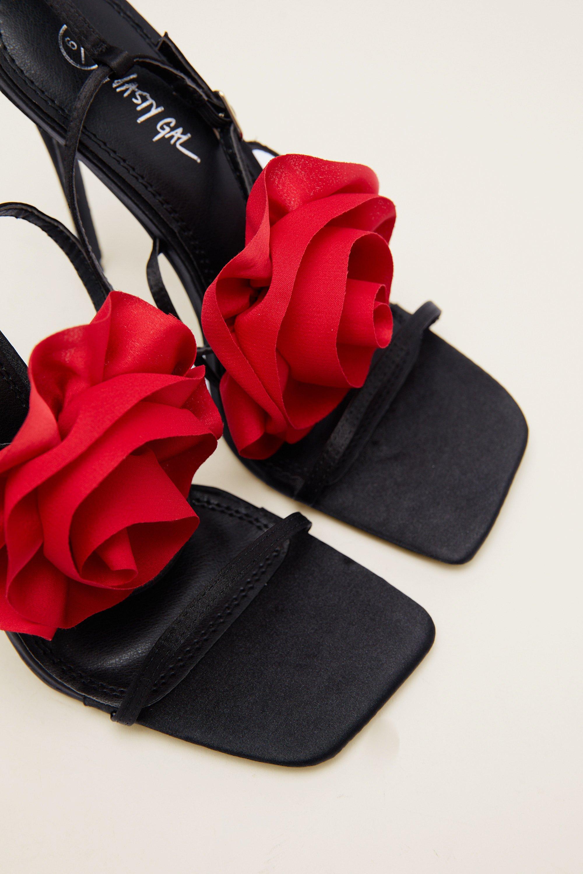 Double red flower heel sandals in black satin