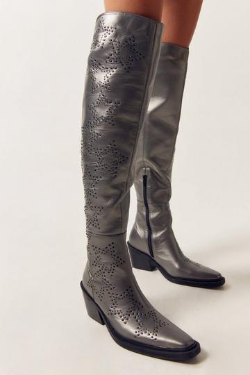 Grey Real Leather Metallic Star Studed Over The Knee Cowboy Boots