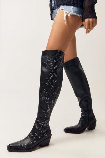 Black Real Leather Star Studded Over The Knee Cowboy Boots