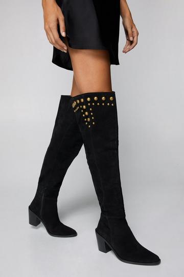 Black Real Suede Slouchy Studded Thigh High Boots