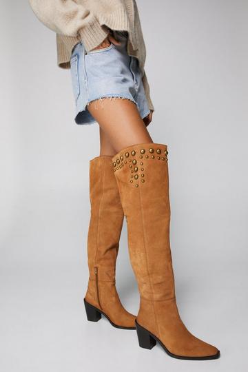 Tan Brown Real Suede Studded Over the Knee Boots