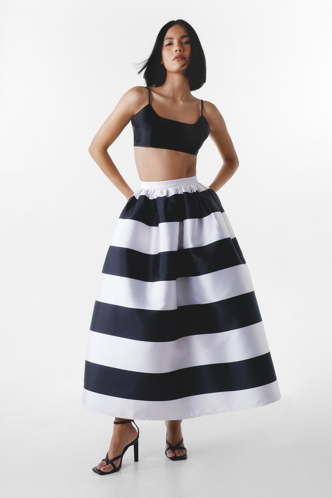Black Stripe Two Piece Satin Twill Structured Maxi Skirt image number 1
