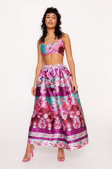 Pink Floral Print Satin Twill Structured Maxi Skirt