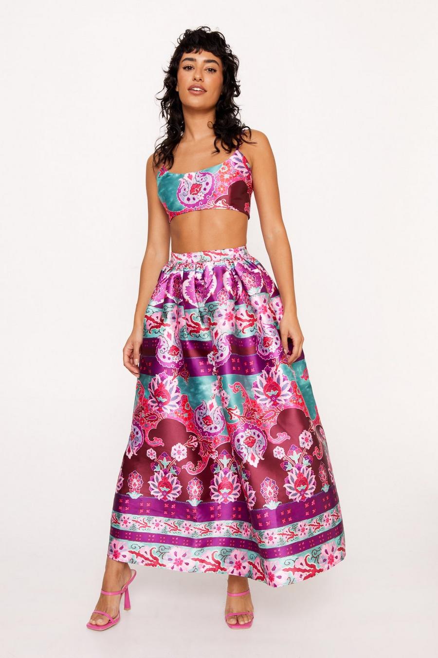 Floral Print Satin Twill Structured Maxi Skirt