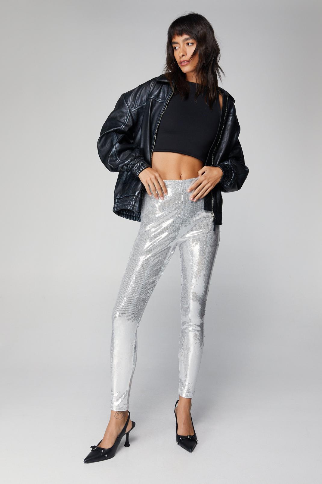 Silver Sequin High Waisted Leggings image number 1