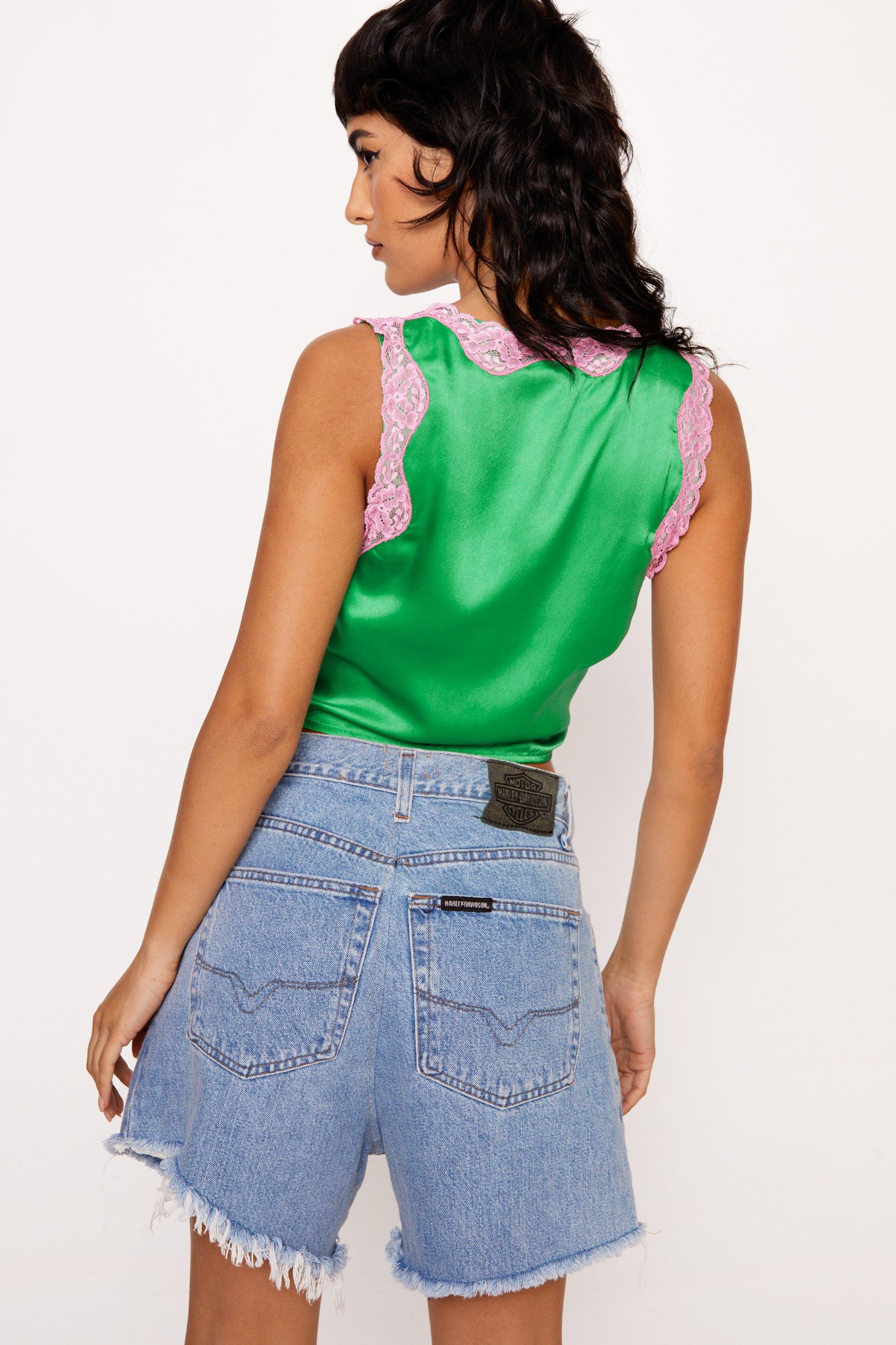Contrast Lace Tie Detail Satin Top 
