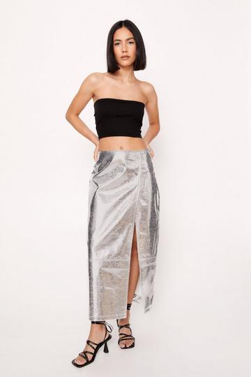 Silver Faux Leather Crackle Midi Skirt