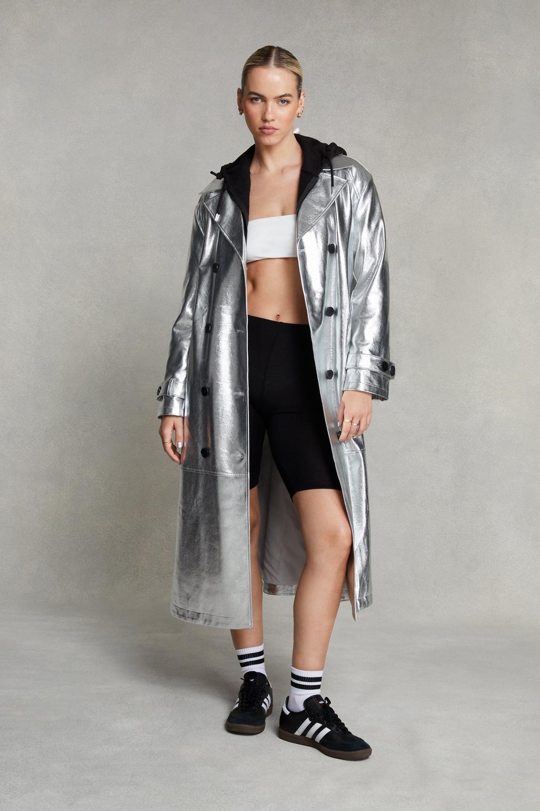 Silver Premium Metallic Faux Leather Trench Coat image number 1