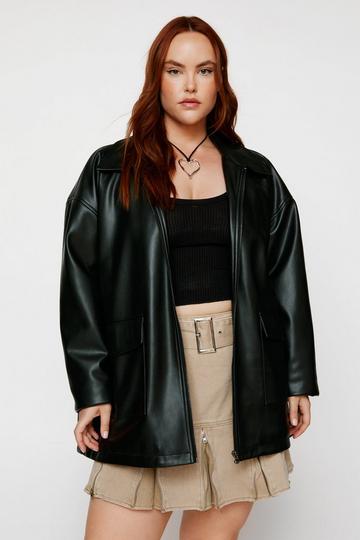 Black Plus Size Clean Pocket Detail Faux Leather Jacket