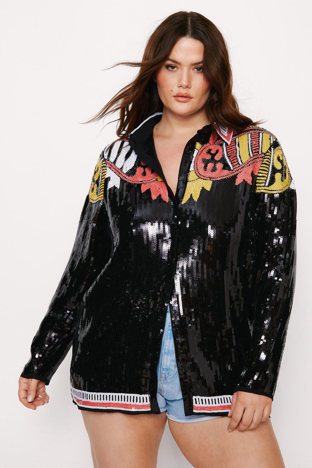 Black Plus Size Country Star Sequin Shirt image number 1