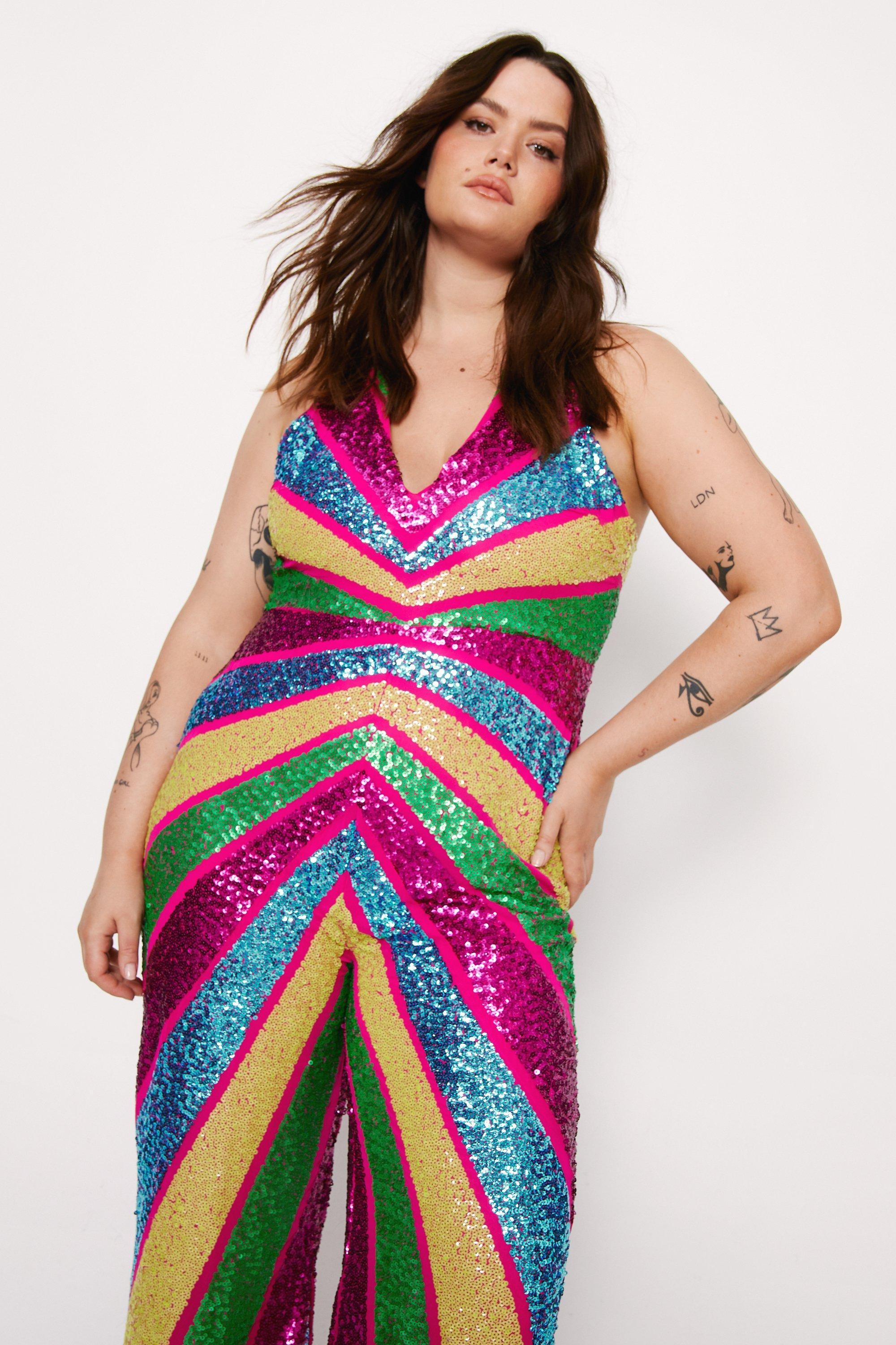 Giffniseti Plus Contrast Mesh Sequin Wide Leg Party Jumpsuit