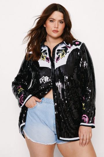 Black Plus Size Flower Sequin Shirt