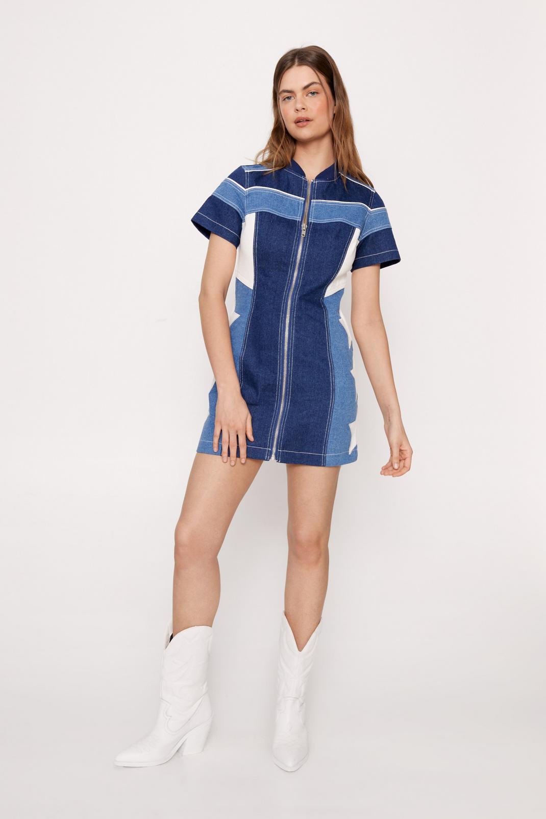 Mini robe color block en jean à étoiles, Mid blue image number 1