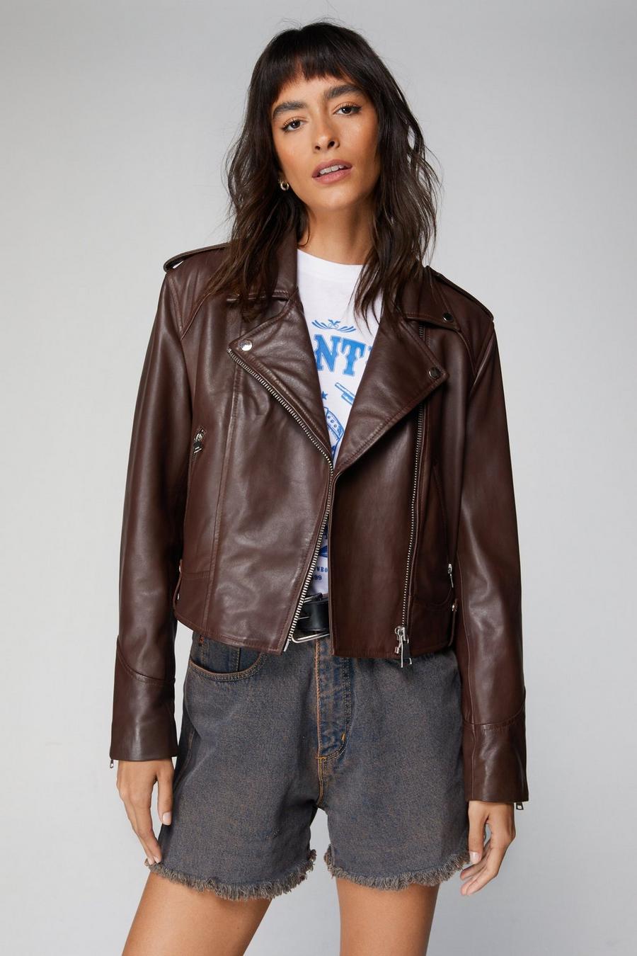 Petite Real Leather Shrunken Biker Jacket